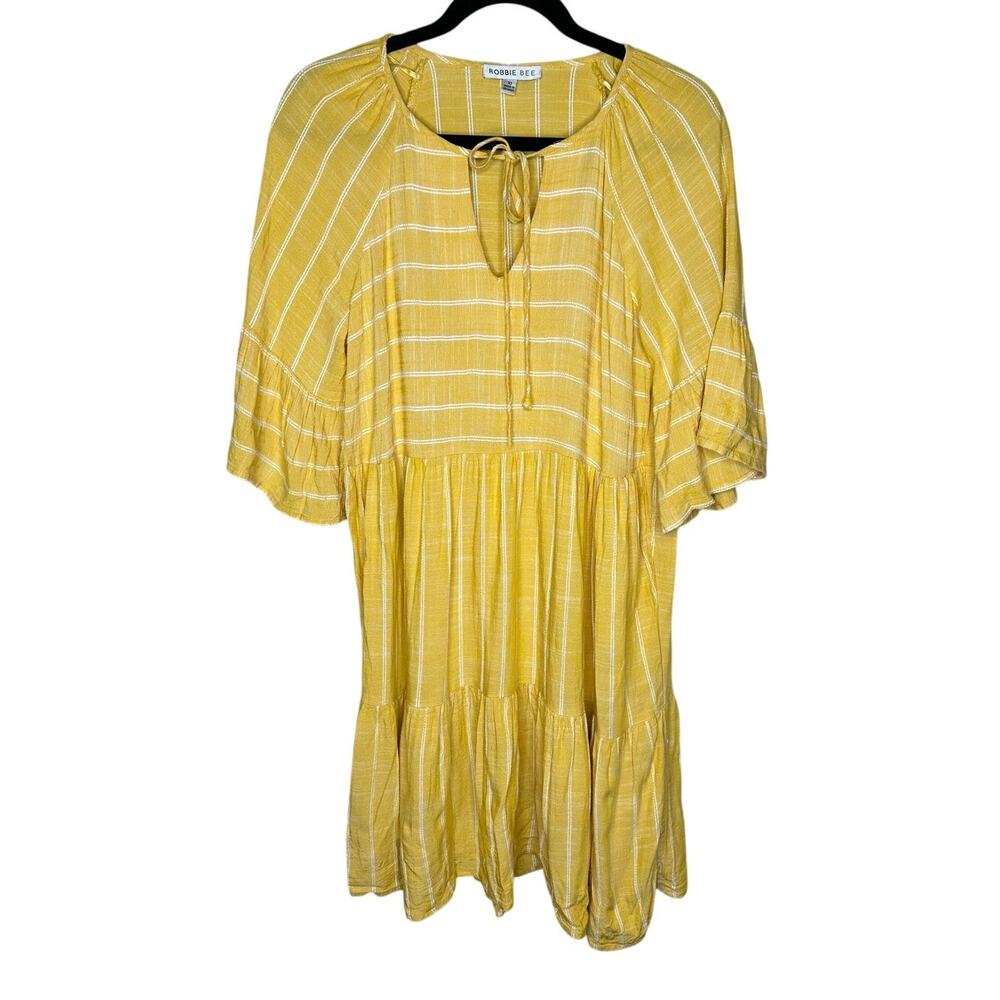 Robbie‎ Bee Yellow Midi Dress 3/4 Bell Sleeve Tiered Keyhole Neckline Modest 10